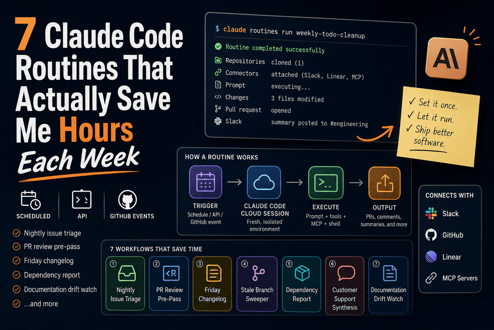 7 Claude Code Routines that save hours each week — scheduled, API and GitHub triggers, with a cloud session flow and the seven workflows: nightly issue triage, PR review pre-pass, Friday changelog, stale branch sweeper, dependency report, customer support synthesis, documentation drift watch