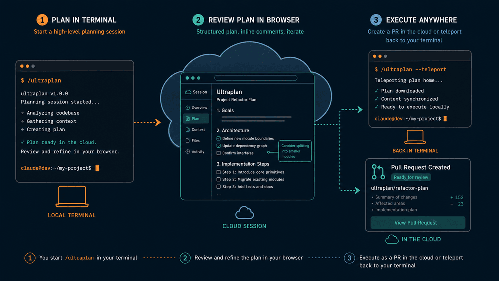 Claude Code Ultraplan flow diagram — three stages: plan in the terminal, review the plan in the browser, execute anywhere either as a cloud pull request or teleported back to the terminal