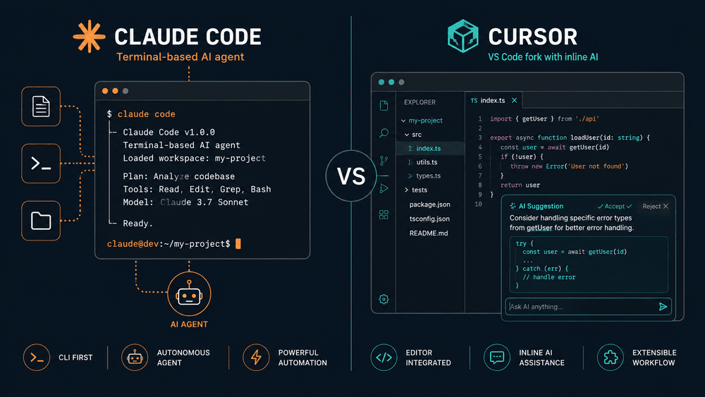 Claude Code vs Cursor compared side by side — Claude Code as a terminal-based AI agent on the left, Cursor as a VS Code fork with inline AI on the right